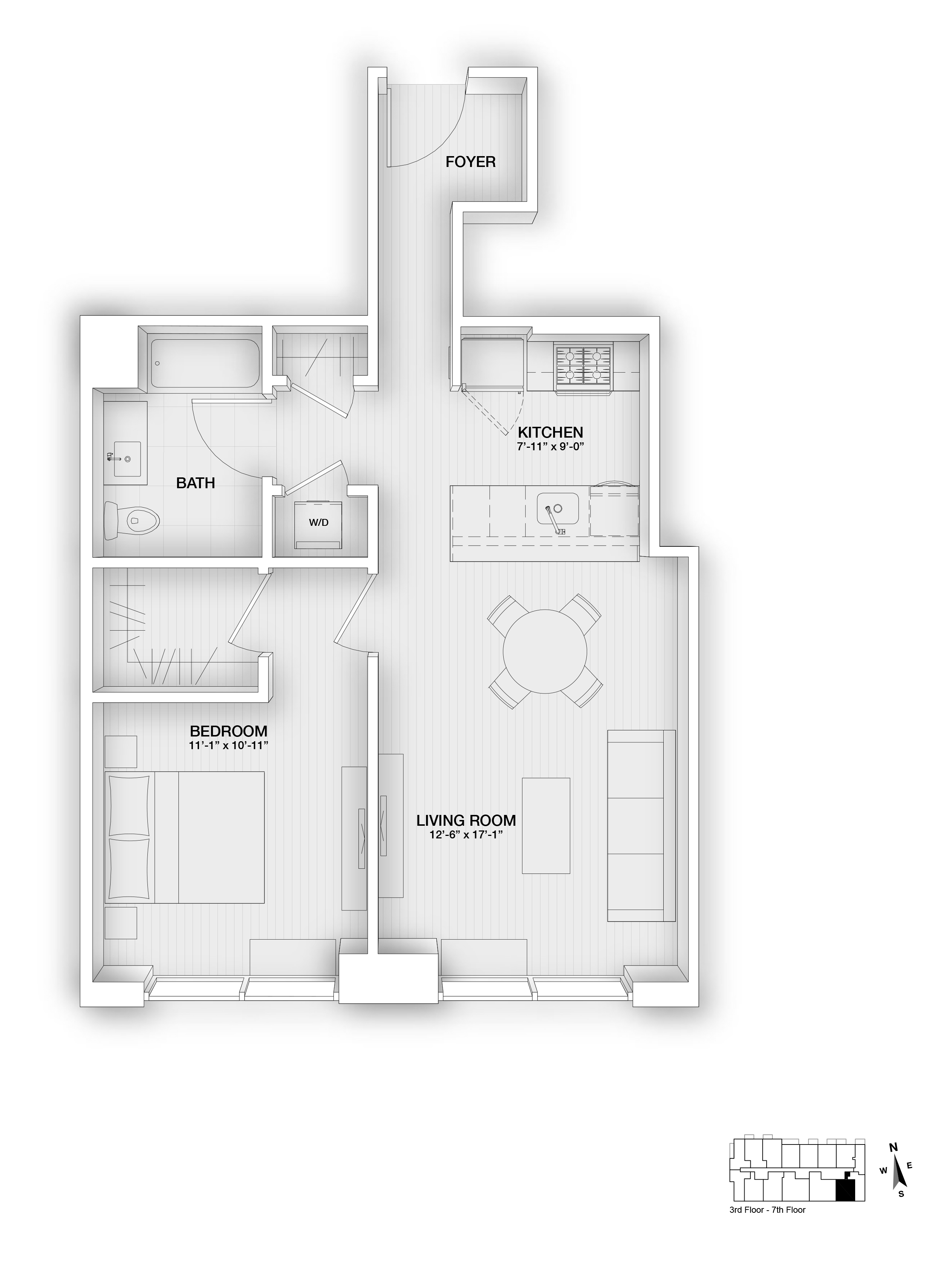 Floor plan for 1 bed, 1 bath, 721 sqft